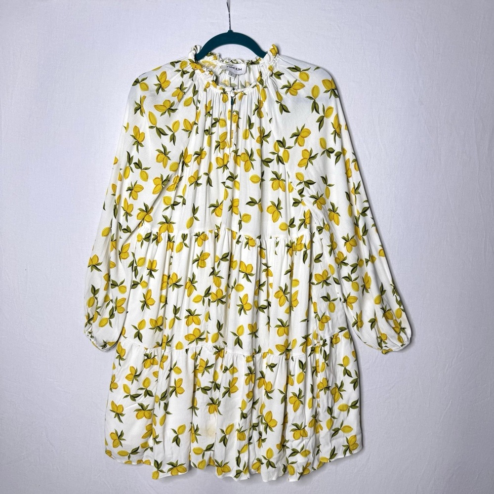 Yumi Kim Aura Dress Sz S Lemon Chiffon Tiered Ruffle Boho Long Sleeve High Neck